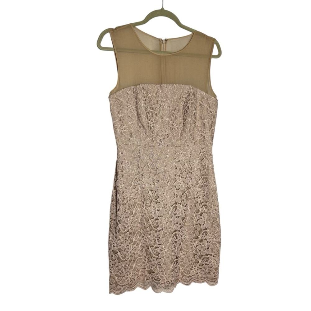 Diane Von Furstenberg Nude Beige Kinchu Lace Overlay Sheer Sheath Dress Size 8